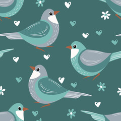 Seamless pattern with funny colorful birds, flowers, leaves and berries. Color flat vector illustration with little cartoon bird. Cute characters. Design for invitation, poster, card, textile, fabric