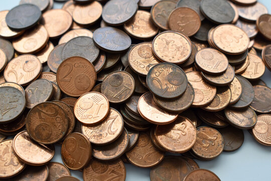 Dirty euro cent coins on the table. Photo can be used for the concept of how to clean coins.