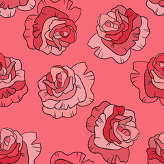 Seamless floral pattern with pink roses. Cartoon style. Design for fabric, textile, paper. Colorful flowers on color background. Vector illustration on traditional folk art ornaments