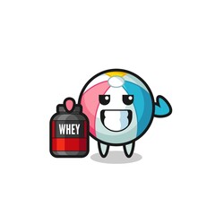 the muscular beach ball character is holding a protein supplement