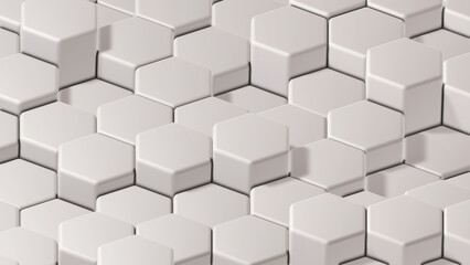 White hexagons geometric background, abstract white grey shapes stacks, 3D render technology illustration.