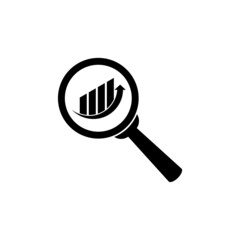 Audit analysis research icon. Magnifier glass inspecting growth graph chart isolated on white background