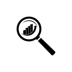 Audit analysis research icon. Magnifier glass inspecting growth graph chart isolated on white background