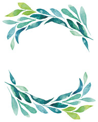 Watercolor blue green leaves frame. Botanical foliage border template for card or banner
