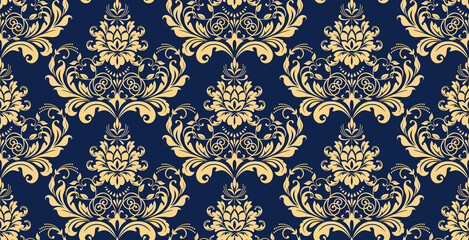 Wallpaper in the style of Baroque. Seamless vector background. Gold and dark blue floral ornament. Graphic pattern for fabric, wallpaper, packaging. Ornate Damask flower ornament