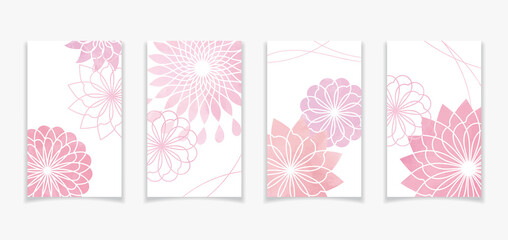 曲線で描いた花柄風のカードデザインE1【ピンク系の水彩塗】