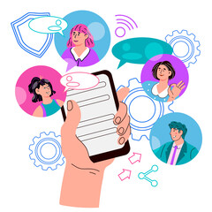 Chatbot program for customers support and technical help. People having dialog with robot assistant on smartphones. AI assistant support and FAQ concept, flat cartoon vector illustration isolated.