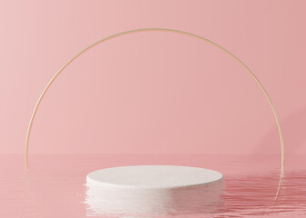 Podium standing in water, with golden ring, on the pink background. Beautiful mock up for product, cosmetic presentation. Pedestal or platform for beauty products. Empty scene, stage. 3D rendering.