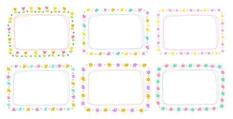 Cute Abstract Daisy Flower Rectangle Doodle Free Hand Drawing Drawn Line Borders Frames Wreath Plate Set Collection Flat Style Rainbow Colorful Background Vector Illustration Pack