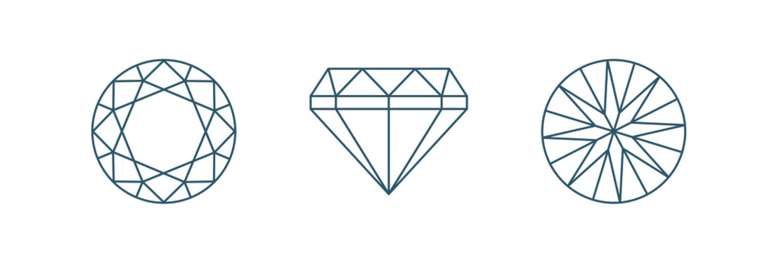 Round brilliant cut Line icon set. Side  and Front view. Diamond geometrich scheme. Vector 