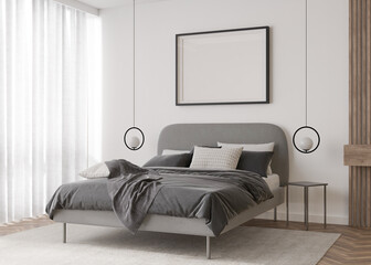 Empty picture frame on white wall in modern bedroom. Mock up interior in contemporary style. Free, copy space for your picture, poster. Bed, lamps. 3D rendering.