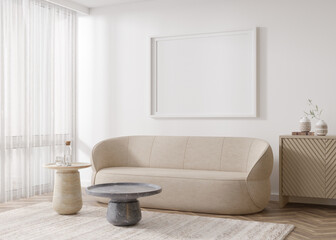 Empty horizontal picture frame on white wall in modern living room. Mock up interior in contemporary, scandinavian style. Free, copy space for your picture, poster. Sofa, carpet, table. 3D rendering.