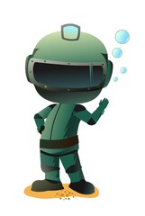 Diver in retro scuba gear waving. Guy in underwater suit bottom of pond. Funny cartoon style. Extreme sports. Isolated on white background. Person in lake or sea. Air bubbles. Boy man swim. Vector