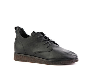 Women's autumn black leather jodhpur boots with black sole isolated on white background. Right side view. Fashion shoes. Photoshoot for shoe shop