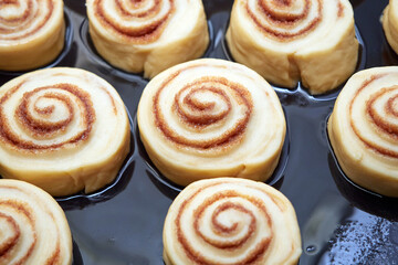 Obraz na płótnie Canvas Sweet cinnamon rolls ready to bake in the oven