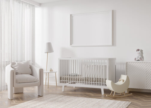 Empty horizontal picture frame on white wall in modern child room. Mock up interior in scandinavian style. Free, copy space for picture. Bed, armchair, toys. Cozy room for kids. 3D rendering.
