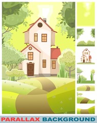Cartoon house in woods among trees. Set parallax effect. Hills. Beautiful, cozy country house in traditional Cute funny homes. Forest landscape. Illustration Vector