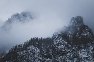 Mountains engulfed in mist in the morning