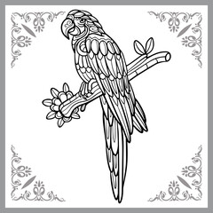 macaw bird zentangle arts. isolated on black background.