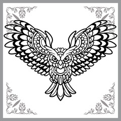 owl bird zentangle arts. isolated on black background.