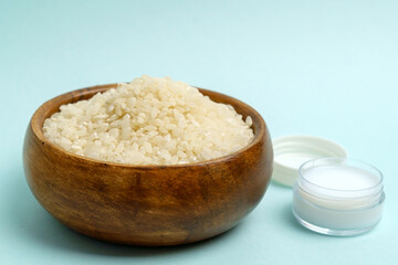 Fermented beauty products with, rice. Natural cosmetics for skin and hair care. Copy space