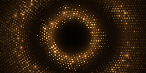 Golden glittering halftone background. Luxurious glowing dots circle. Abstract round frame for graphic design. Stylish elegant banner. Vector illustration