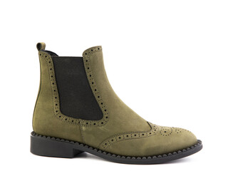 Women's autumn chelses green suede boots isolated white background. right side view. Fashion shoes. Photoshoot for shoe shop concept.