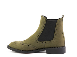 Women's autumn chelses green suede boots isolated white background. left side view. Fashion shoes. Photoshoot for shoe shop concept.