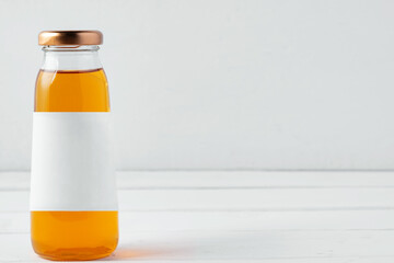 Small glass bottle of fresh juice on white background