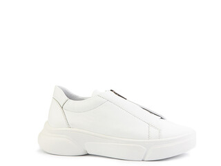 White leather sneakers with zipper in front instead of laces. Casual women's style. White rubber soles. Isolated close-up white background.