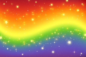 Rainbow fantasy background. Holographic wavy illustration. Bright multicolored sky with stars and bokeh. Vector.