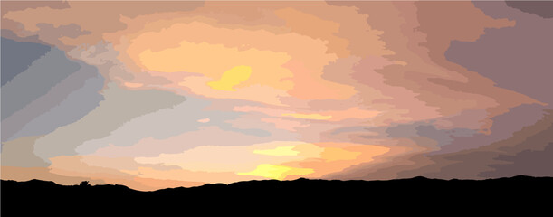 Black mountain with sunset sky as abstract background. Vector illustration.