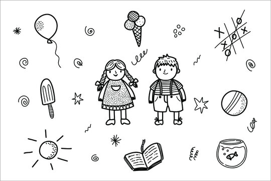 Happy doodle kids. Children. Hand drawn kindergarten. Childish doodle style. Vector illustration