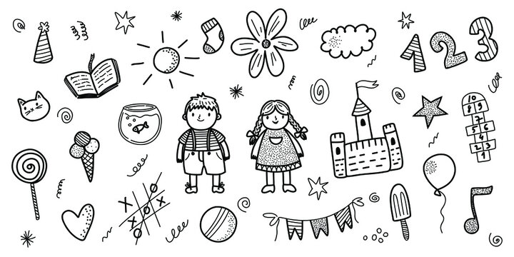 Doodle kids. Children kindergarten sketch style. Baby, castle, play, summer, outdoors, cute cartoon illustration on white background.