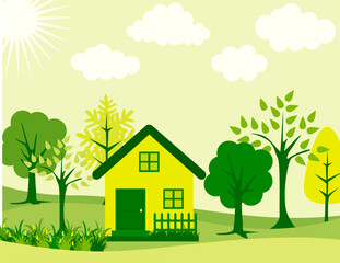 Obraz na płótnie Canvas There is a forest and cut the trees and build a house. This green poster for cartoon, natura, environment, pollution, tree cut, destroyed, development, green, greenish theme and concepts.