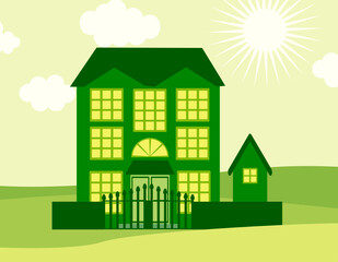 Green house mansion. There is a buildings. This green icon for cartoon, building, home, mansion, hotel, apartment, green, greenish themes and concepts.