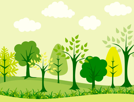 There is a forest with greenish trees. This green poster for cartoon, natura, environment, pollution, tree cut, destroyed, development, green, greenish theme and concepts.