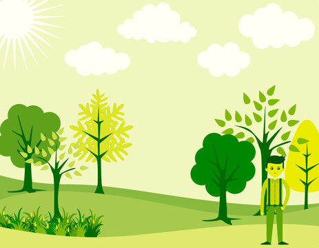There is a forest and cut some trees and a man stand on the ground. This green poster for cartoon, natura, environment, pollution, tree cut, destroyed, development, green, greenish theme and concepts.