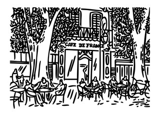 Cafe de France, l'Isle-sur-La-Sorgue. People are relaxing in a busy cafe. Vector illustration in contour style.