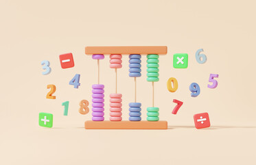 Abacus colorful with symbols math, plus, minus, multiplication, on cream pastel background, arithmetic game learn counting number concept, finance education, banner, 3d render illustration - obrazy, fototapety, plakaty