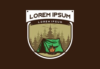 Forest camping with bonfire illustration badge