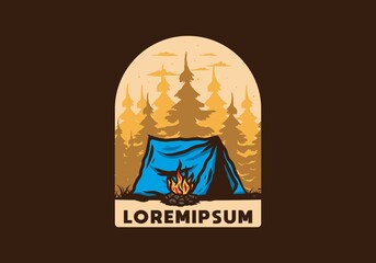 Forest camping with bonfire illustration badge