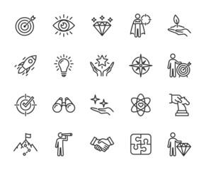 Vector set of mission, vision and values line icons. Business concepts. Pixel perfect. - obrazy, fototapety, plakaty