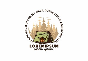 Forest camping with bonfire illustration badge