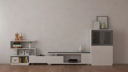 White shelves desk and objects.  3d Rendering. 3d interior