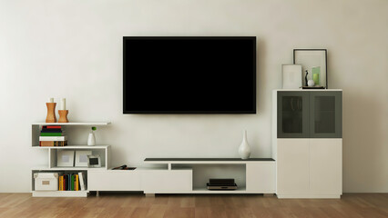 Tv interior room mockup with blank tv and white shelves desk. 3d Rendering. 3d interior