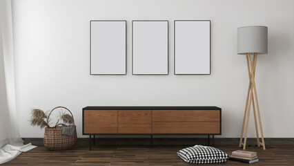 Interior room mockup with 3 blank frames, wooden desk, object, and lamp. 3d Rendering. 3d interior