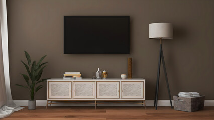 Tv interior room mockup with blank tv, white desk, lamp, plant, objects, and khaki wall. 3d Rendering. 3d interior