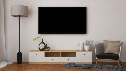 Tv interior room mockup with blank tv, minimalism desk, chair, and lamp. 3d Rendering. 3d interior