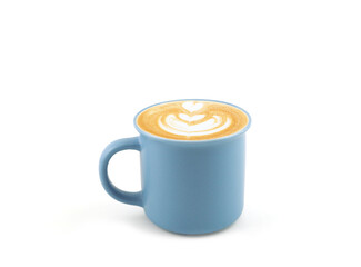 Hot latte coffee with art heart shape in blue ceramic mug isolated on whithe background. space for your text..